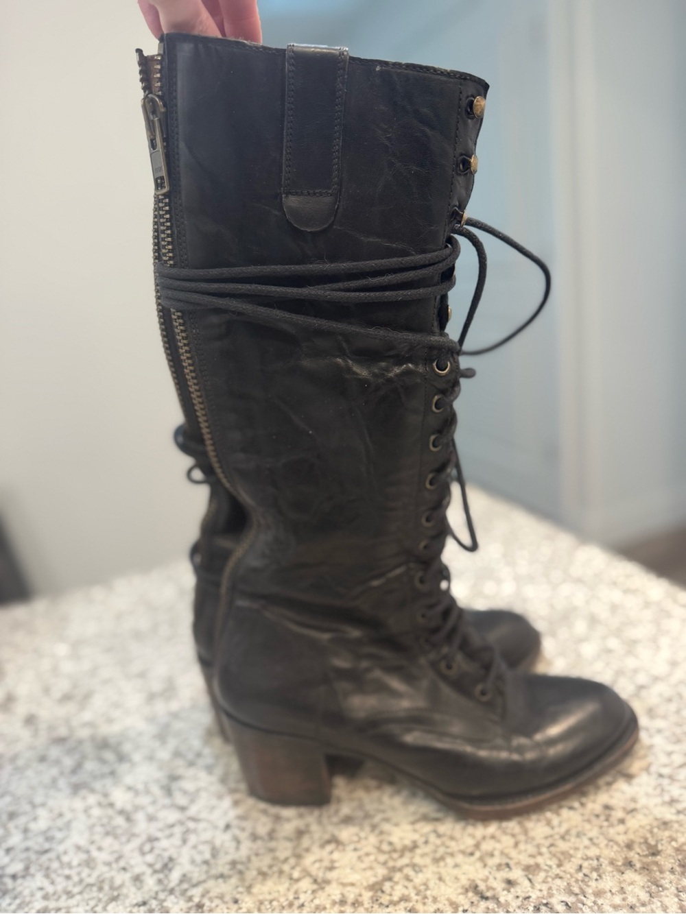 Freebird Grany Black Lace-Up Leather Mid-Calf Boots with Side Zipper